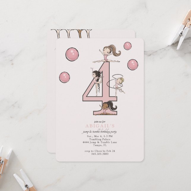 Invitation Jump & Tumble Gymnastics 4th Birthday Party (Devant/Arrière en situation)