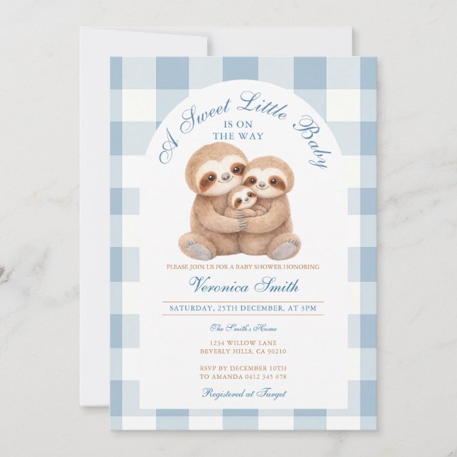 Invitation Jungle Animal Blue Gingham Sloth Couples Shower (Devant)