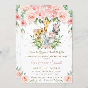 Invitation Jungle Animal Blush rose Floral Twins Baby shower