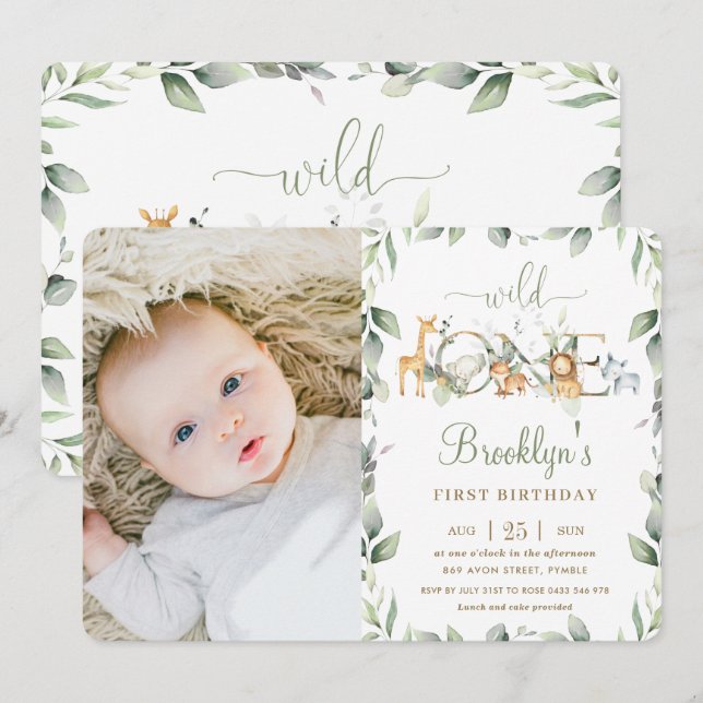 Invitation Jungle Animal Green 1er anniversaire garçon fille  (Devant / Derrière)