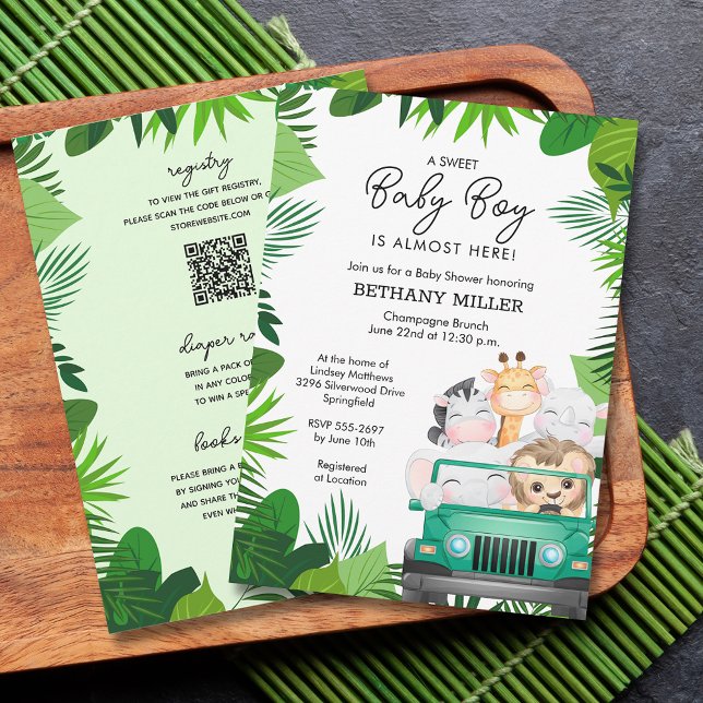 Invitation Jungle Animal Safari Baby shower Garçon Tout en un (Jungle animal safari boy baby shower all in one invitations - PRINTED and or INSTANT DOWNLOAD)