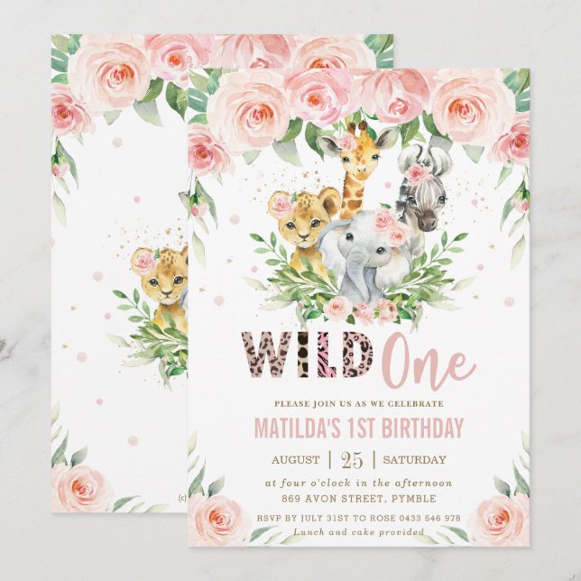 Invitation Jungle Animal Safari Blush Floral 1er anniversaire (Devant / Derrière)