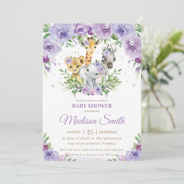 Invitation Jungle Animal Safari Purple Floral Baby shower Dan (Debout devant)