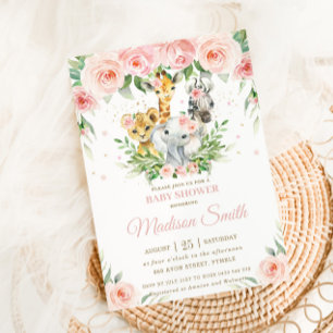 Invitation Jungle Animal Safari rose Blush Baby shower Floral