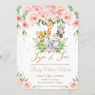 Invitation Jungle Animal Safari rose Blush Floral Sip et voir
