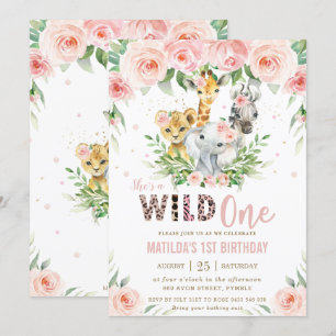 Invitation Jungle Animal Safari rose Floral 1er anniversaire