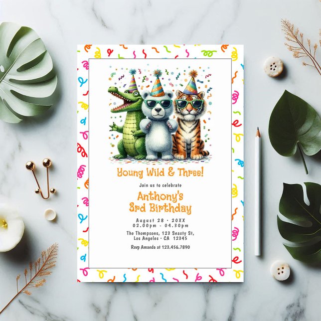 Invitation Jungle Animal "Young Wild and Three!" 3e anniversa (Jungle Animal "Young Wild and Three!" 3rd Birthday Invitation)