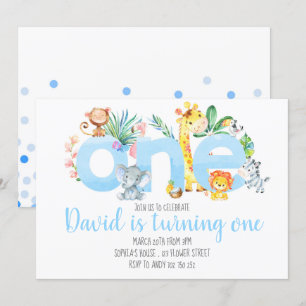 Invitation Jungle Animals Safari Boy Blue Cute 1er Anniversai
