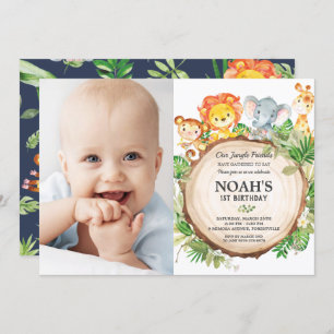 Invitation Jungle Animaux 1er Anniversaire Vert Safari Photo