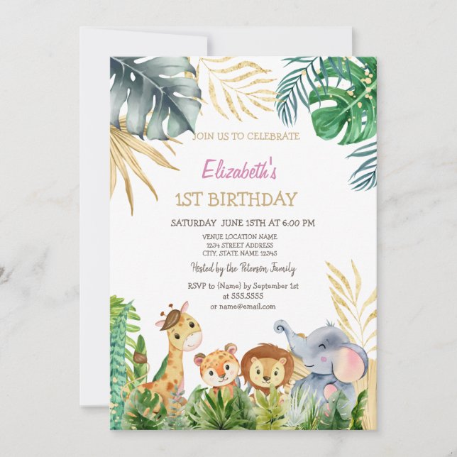 Invitation Jungle Animaux Amis Tropical 1er Anniversaire (Devant)