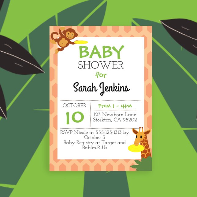 Invitation Jungle Animaux Baby shower corallien (Créateur téléchargé)