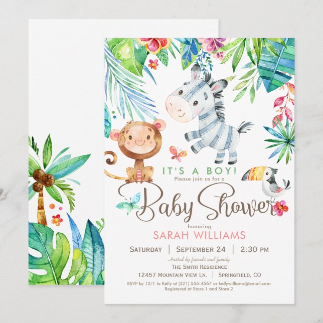 Invitation Jungle Animaux Baby shower Invitation, garçon ou f (Devant / Derrière)