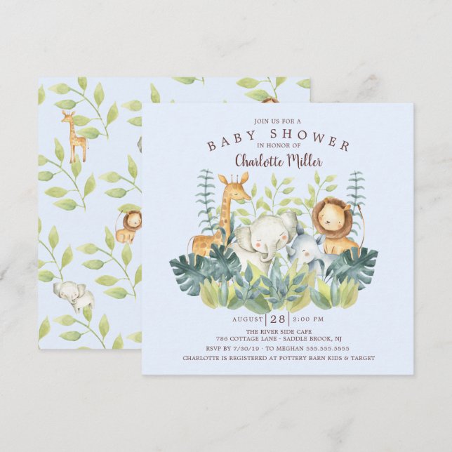 Invitation Jungle Animaux Baby showers garçons (Devant / Derrière)