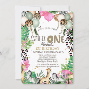 Invitation Jungle Animaux Ballons Feuilles 1er anniversaire
