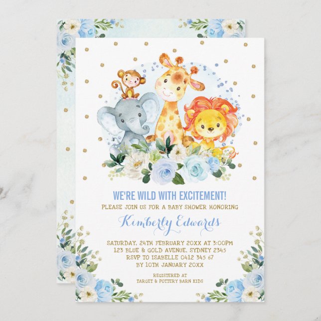 Invitation Jungle Animaux Blue Gold Floral Baby shower Safari (Devant / Derrière)