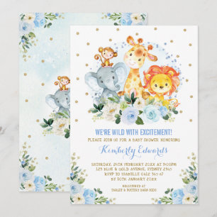 Invitation Jungle Animaux Blue Gold Floral Baby shower Safari
