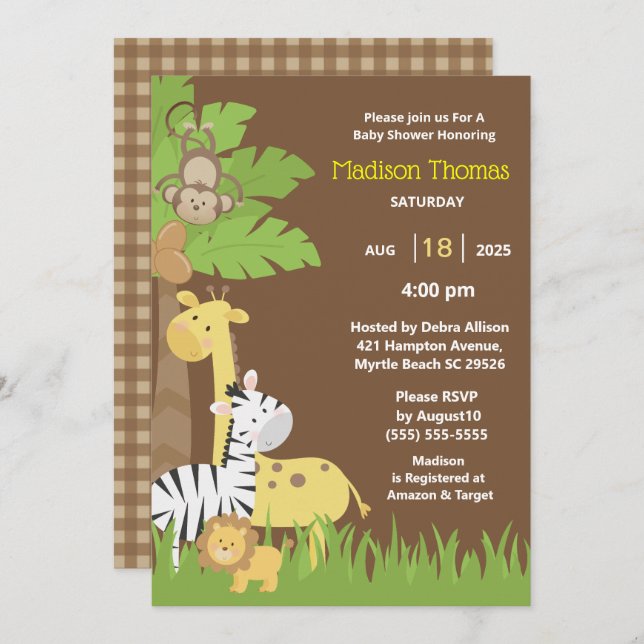 Invitation Jungle Animaux Brown Safari Baby shower Garçon (Devant / Derrière)