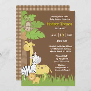 Invitation Jungle Animaux Brown Safari Baby shower Garçon