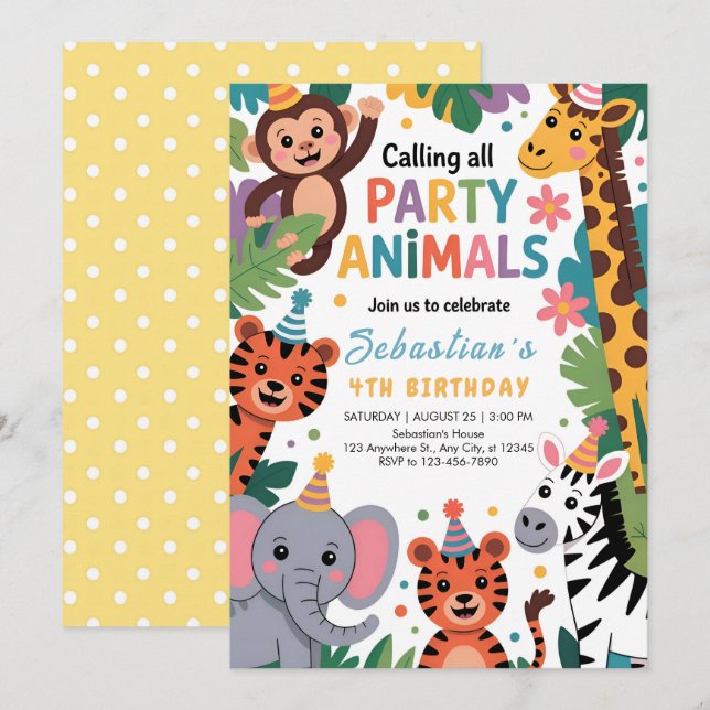Invitation Jungle Animaux de Fête Anniversaire (Devant / Derrière)