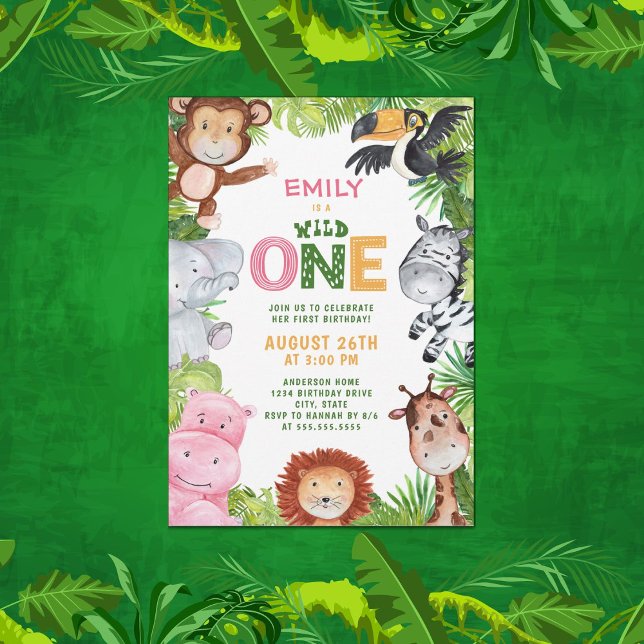 Invitation Jungle Animaux Fille Sauvage Un 1er anniversaire (Créateur téléchargé)