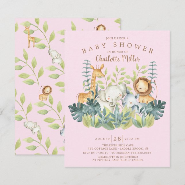 Invitation Jungle Animaux Filles Baby shower (Devant / Derrière)