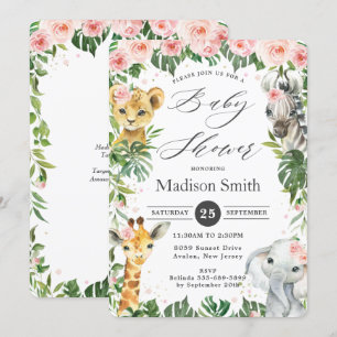 Invitation Jungle Animaux Floral Green Baby shower Safari