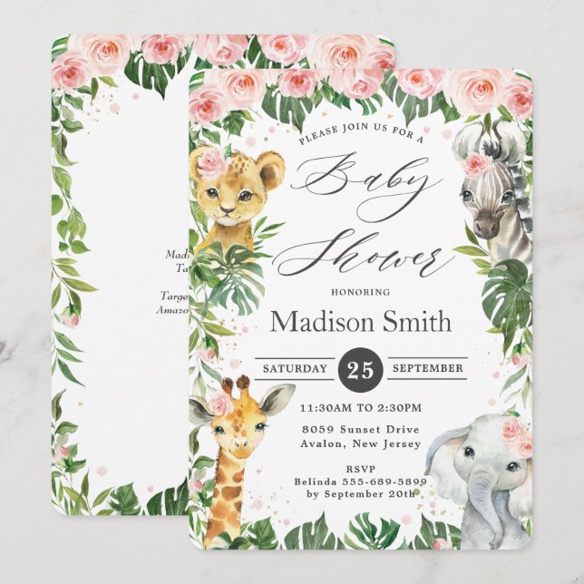 Invitation Jungle Animaux Floral Greenery Safari Baby shower (Devant / Derrière)