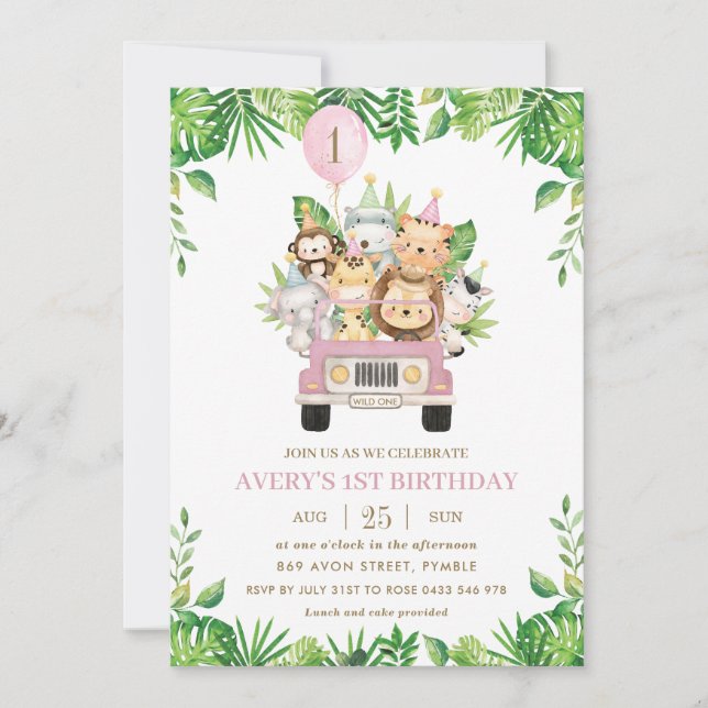 Invitation Jungle Animaux Pink Safari Car Girl 1er anniversai (Devant)
