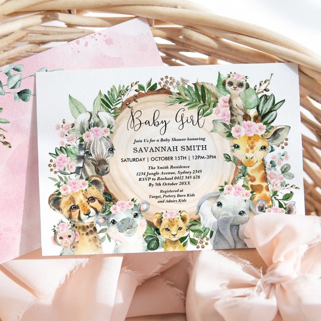 Invitation Jungle Animaux Rose Blush Floral Baby Girl Douche (Créateur téléchargé)