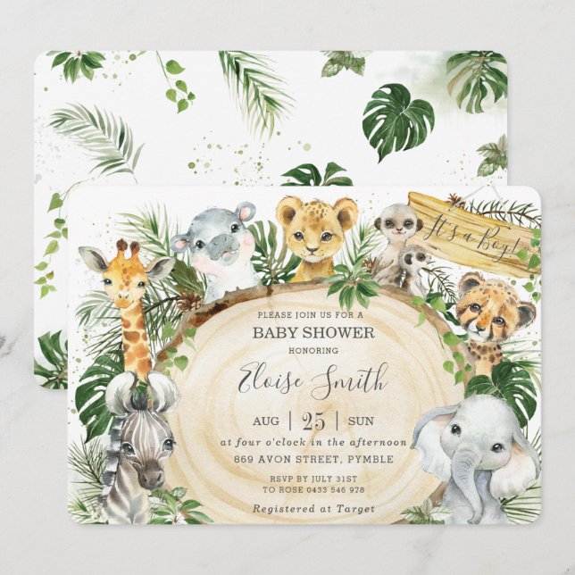Invitation Jungle Animaux Safari Baby shower vert bois (Devant / Derrière)
