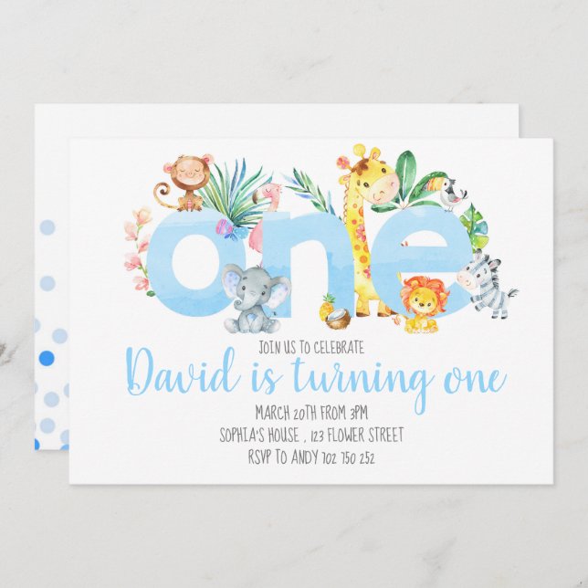 Invitation Jungle Animaux Safari Garçon bleu mignonne 1er ann (Devant / Derrière)