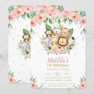 Invitation Jungle Animaux Safari Rose Floral 1er anniversaire