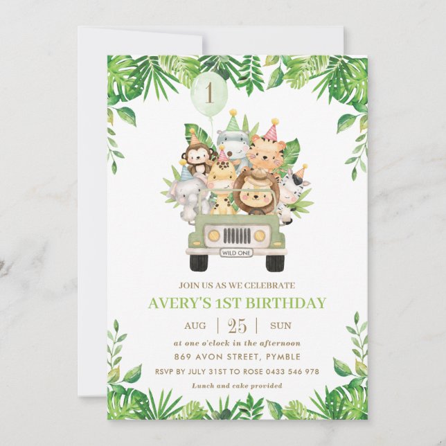 Invitation Jungle Animaux Safari Voiture Verdure 1er annivers (Devant)