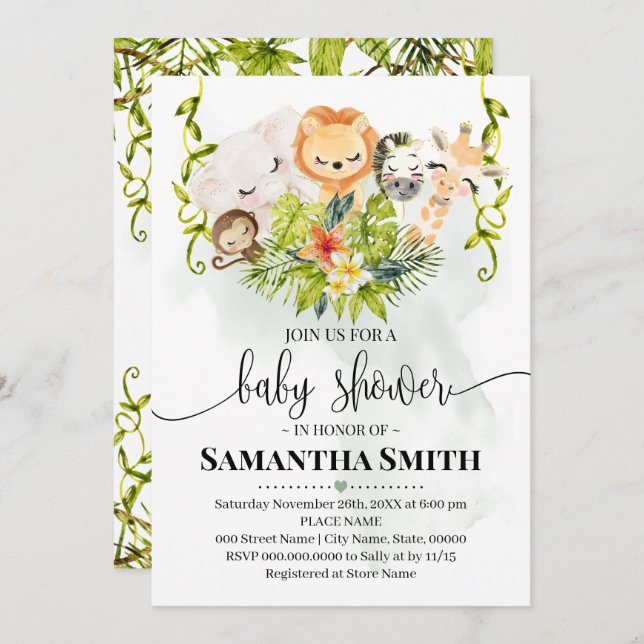 Invitation Jungle Animaux sauvages Baby shower Safari tropica (Devant / Derrière)