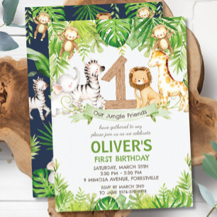 Invitation Jungle Animaux Végétation Safari 1er anniversaire 