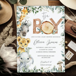 Invitation Jungle Animaux Verdure Safari Baby shower Garçon