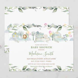Invitation Jungle Animaux Voitures Verdure Baby shower Girl