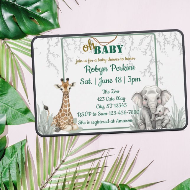 Invitation Jungle Aquarelle Giraffe Elephant baby shower (Créateur téléchargé)