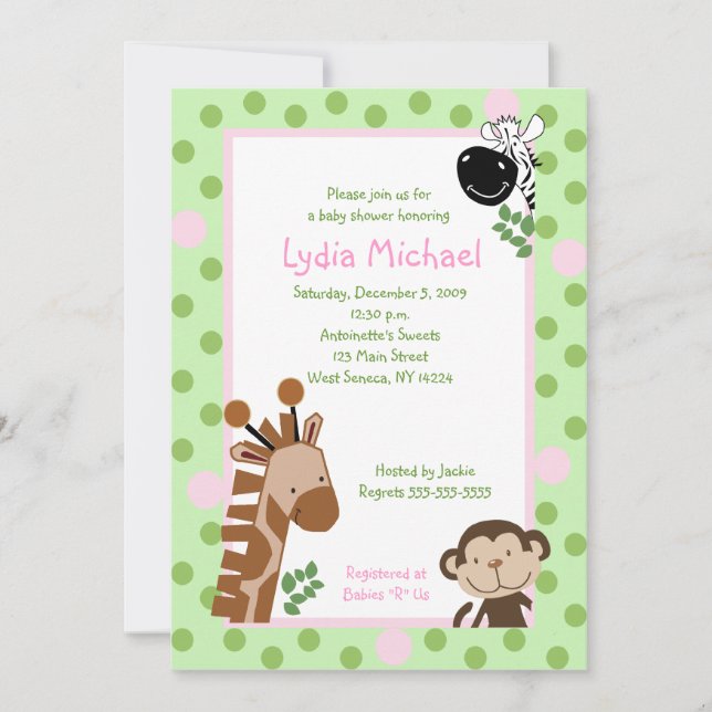 Invitation JUNGLE AVENTURE 5x7 rose / Baby shower vert (Devant)
