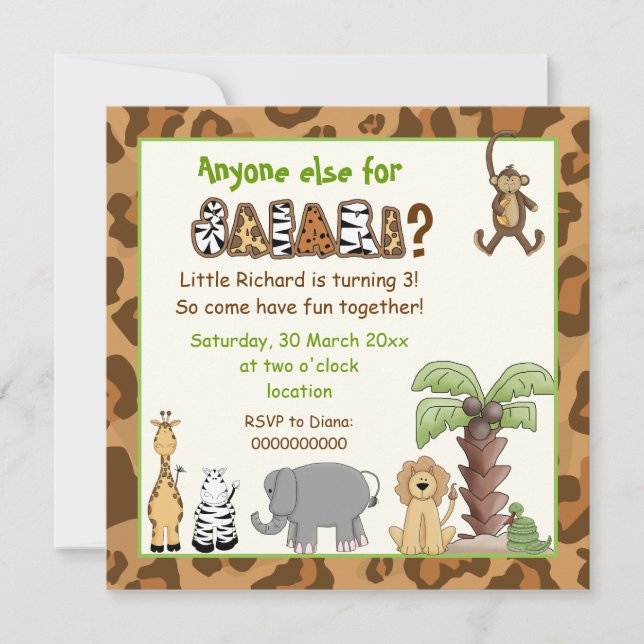 Invitation Jungle brown safari anniversaire de enfant (Devant)