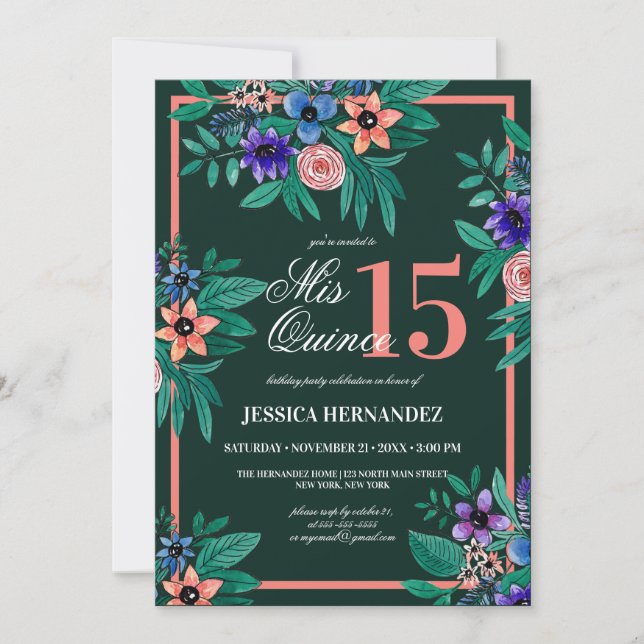 Invitation Jungle Coral vert Floral Aquarelle Quinceañera (Devant)