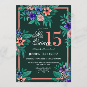 Invitation Jungle Coral vert Floral Aquarelle Quinceañera