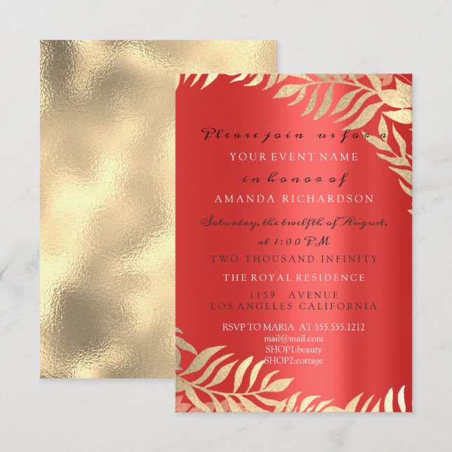 Invitation Jungle d'or Rouge Rubis Or Élégant Mariage Anniver (Devant / Derrière)