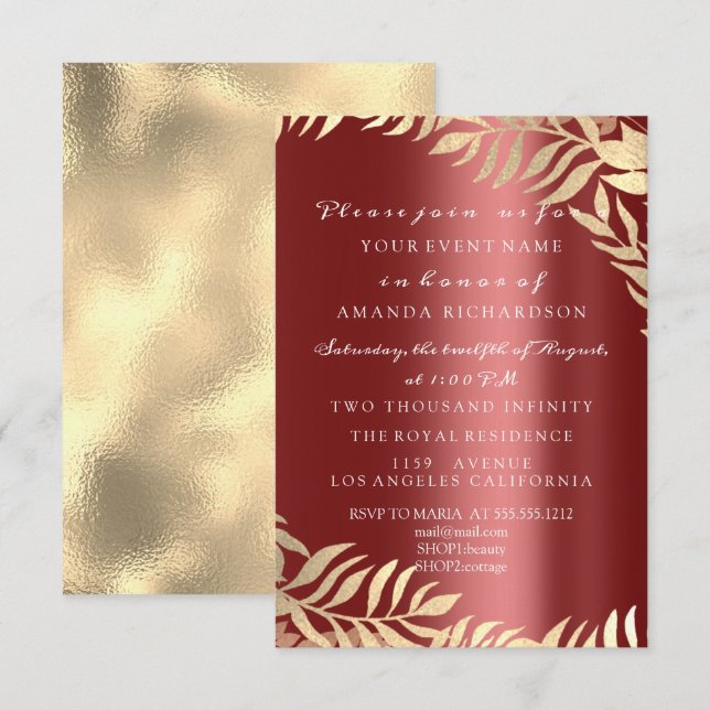 Invitation Jungle Doré Burgundy Élégant Mariage Anniversaire (Devant / Derrière)