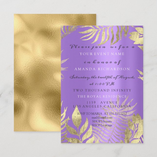Invitation Jungle Doré Élégant Violet Mariage Anniversaire (Devant / Derrière)