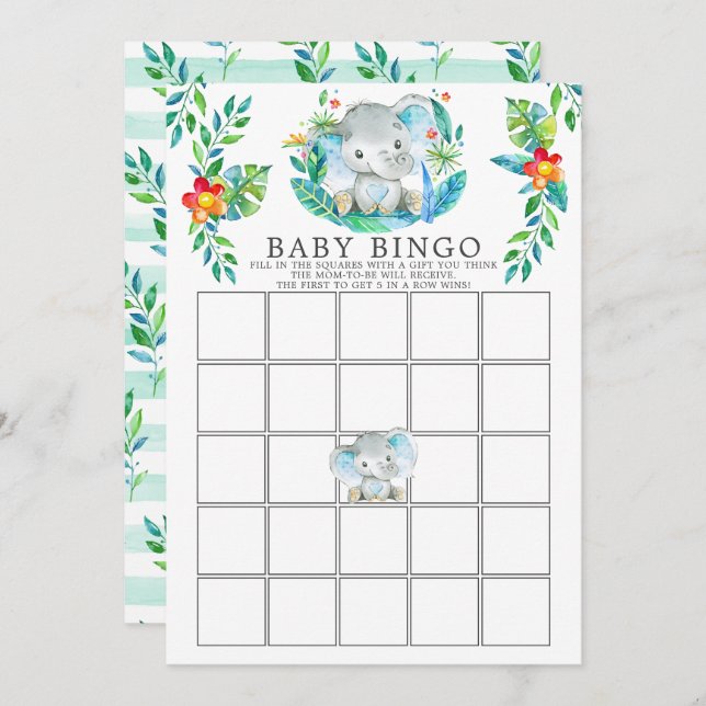 Invitation Jungle Elephant BINGO Baby shower Jeu (Devant / Derrière)
