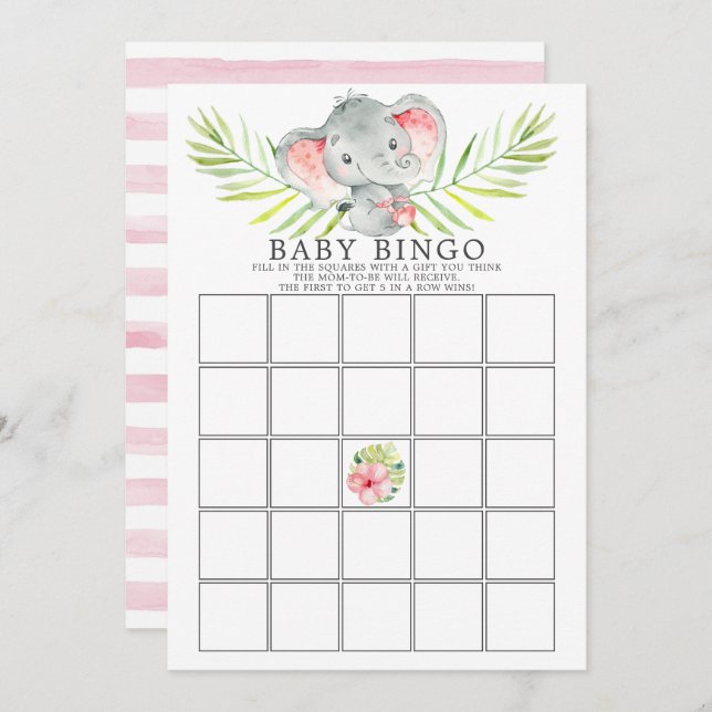 Invitation Jungle Elephant BINGO Baby shower Jeu (Devant / Derrière)