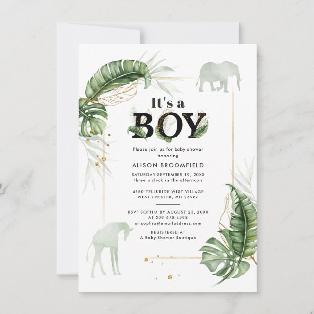 Invitation Jungle Elephant Giraffe Baby shower botanique (Devant)
