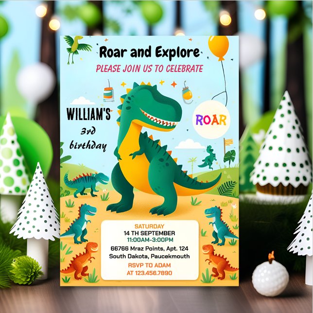 Invitation Jungle enfants mignons T trois 3 rex 3e anniversai (Créateur téléchargé)