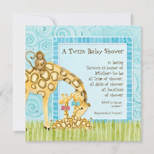 Invitation Jungle Giraffe Baby Boy Girl Twins Douche Invitati (Devant)